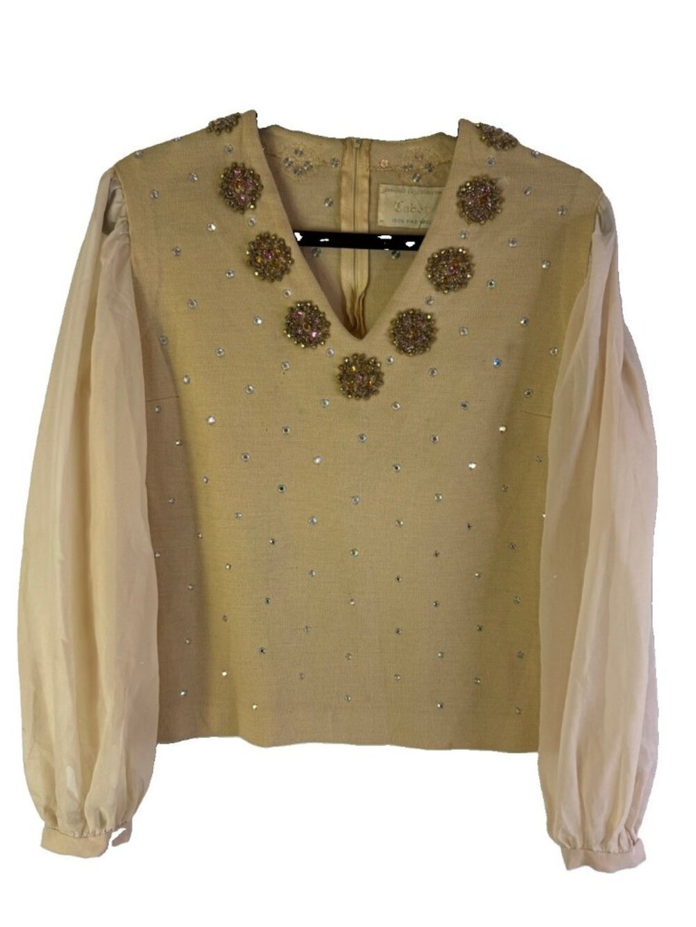 Vintage 60s Sweater Top Virgin Wool Embellished Puff Sleeve Mod Disco